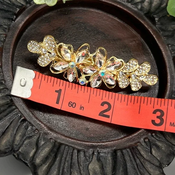 Gold Floral Clear Crystal Hair Clip barrette - Picture 4 of 4